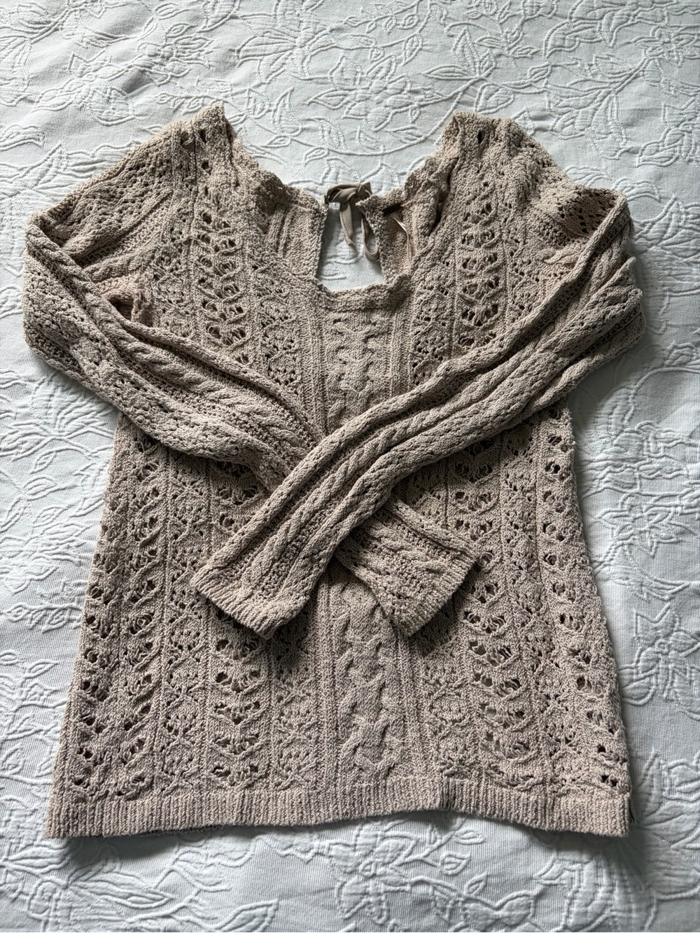 Free people Women's Taupe Open-Knit Tie-Back Sweater m